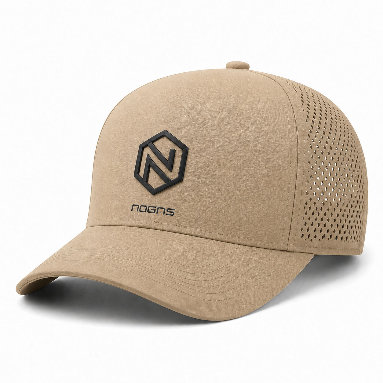 NOGNS FORM Studio Cap performance cap in Sand — front three-quarter view with the hexagonal N mark and lowercase NOGNS wordmark.