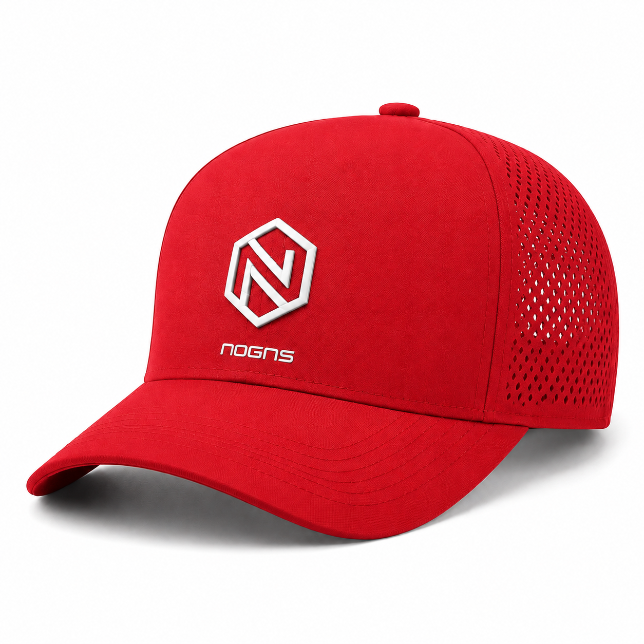 NOGNS FORM Studio Cap performance cap in Bright Red — front three-quarter view with the hexagonal N mark and lowercase NOGNS wordmark.