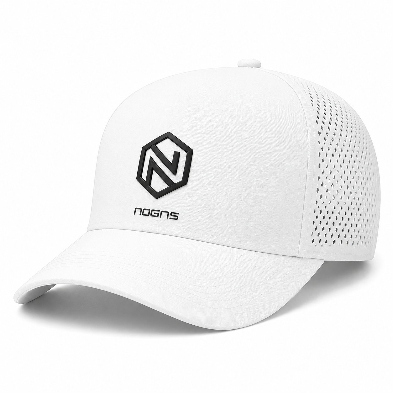 NOGNS APEX Hydro Performance Cap performance cap in White — front three-quarter view with the hexagonal N mark and lowercase NOGNS wordmark.
