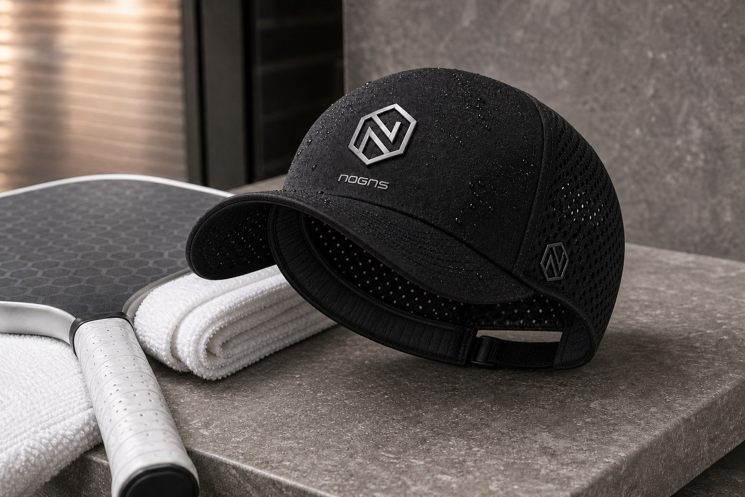 Black NOGNS pickleball performance cap resting on a stone counter with its interior sweatband visibly exposed — perforated side panel, embroidered hexagonal N on the front, small hex N on the side, next to a folded white towel and a black paddle.