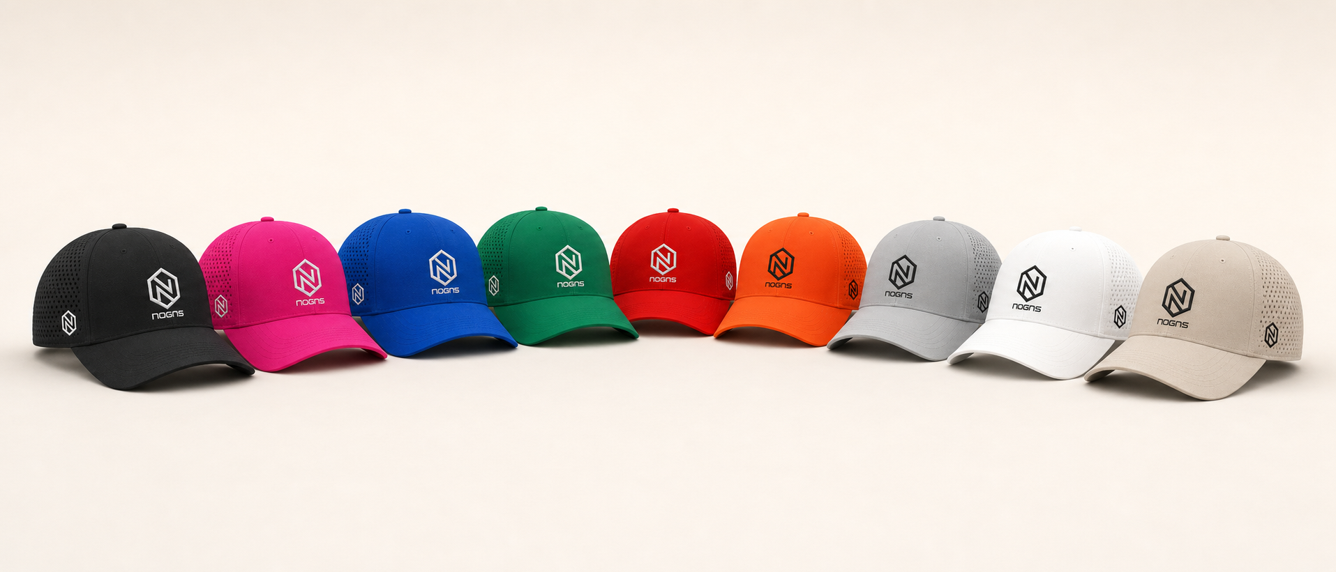 The nine approved NOGNS colorways lined up — Black, Hot Pink, Electric Blue, Kelly Green, Bright Red, Neon Orange, Nardo Grey, White, and Sand — each with the embroidered hexagonal N and lowercase wordmark.