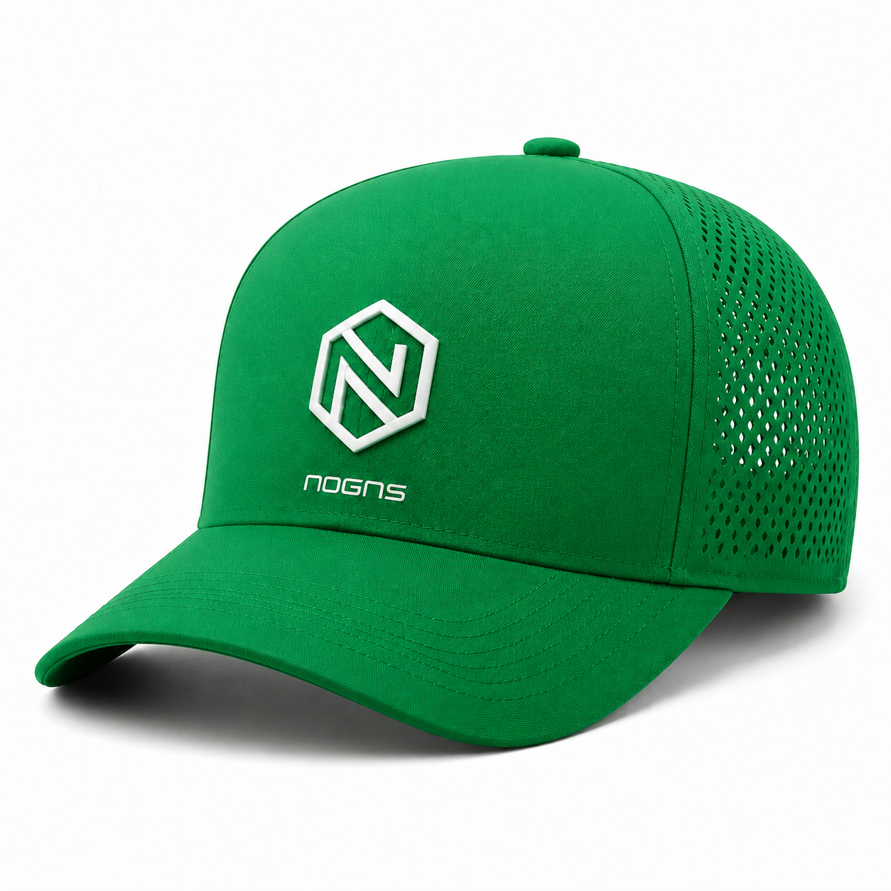 NOGNS PACE Air Ultralight Cap performance cap in Kelly Green — front three-quarter view with the hexagonal N mark and lowercase NOGNS wordmark.