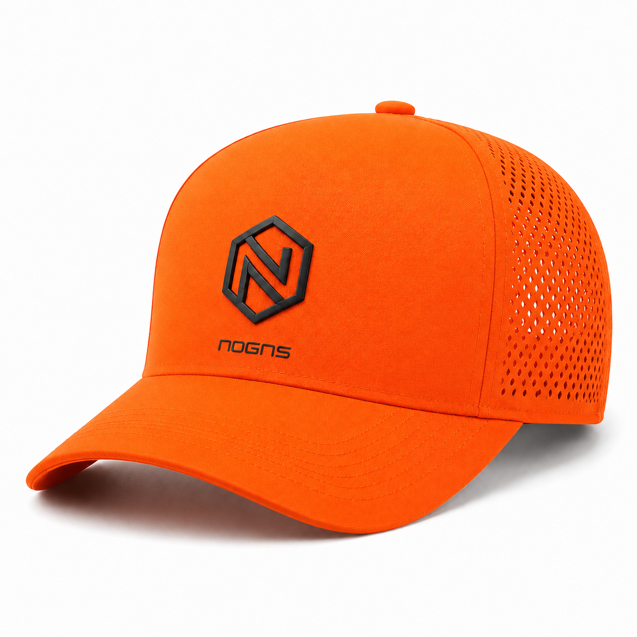 NOGNS PACE Air Ultralight Cap performance cap in Neon Orange — front three-quarter view with the hexagonal N mark and lowercase NOGNS wordmark.
