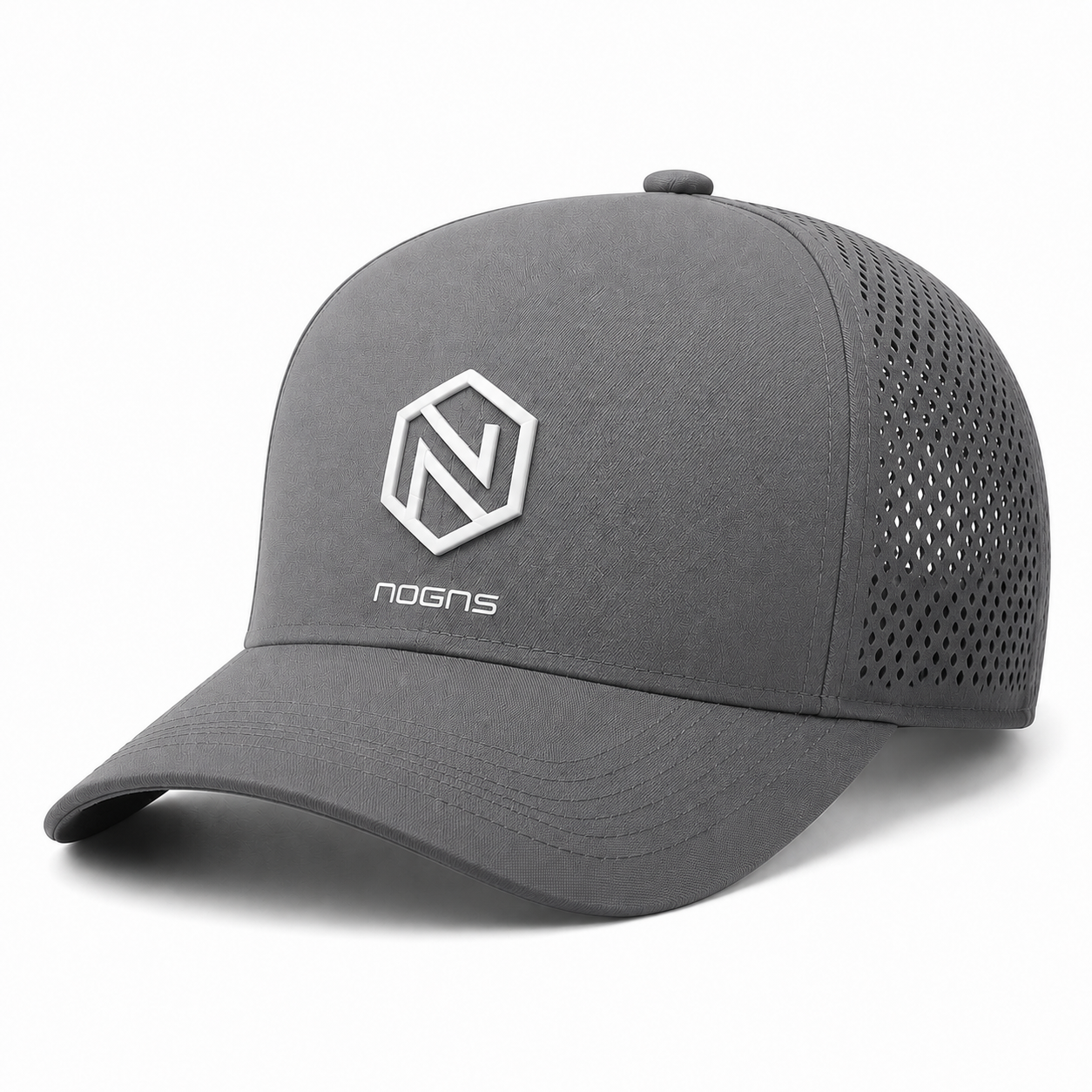 NOGNS APEX Hydro Performance Cap performance cap in Nardo Grey — front three-quarter view with the hexagonal N mark and lowercase NOGNS wordmark.