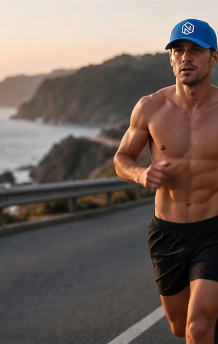 A shirtless runner in an electric blue NOGNS cap on a coastal highway at sunrise