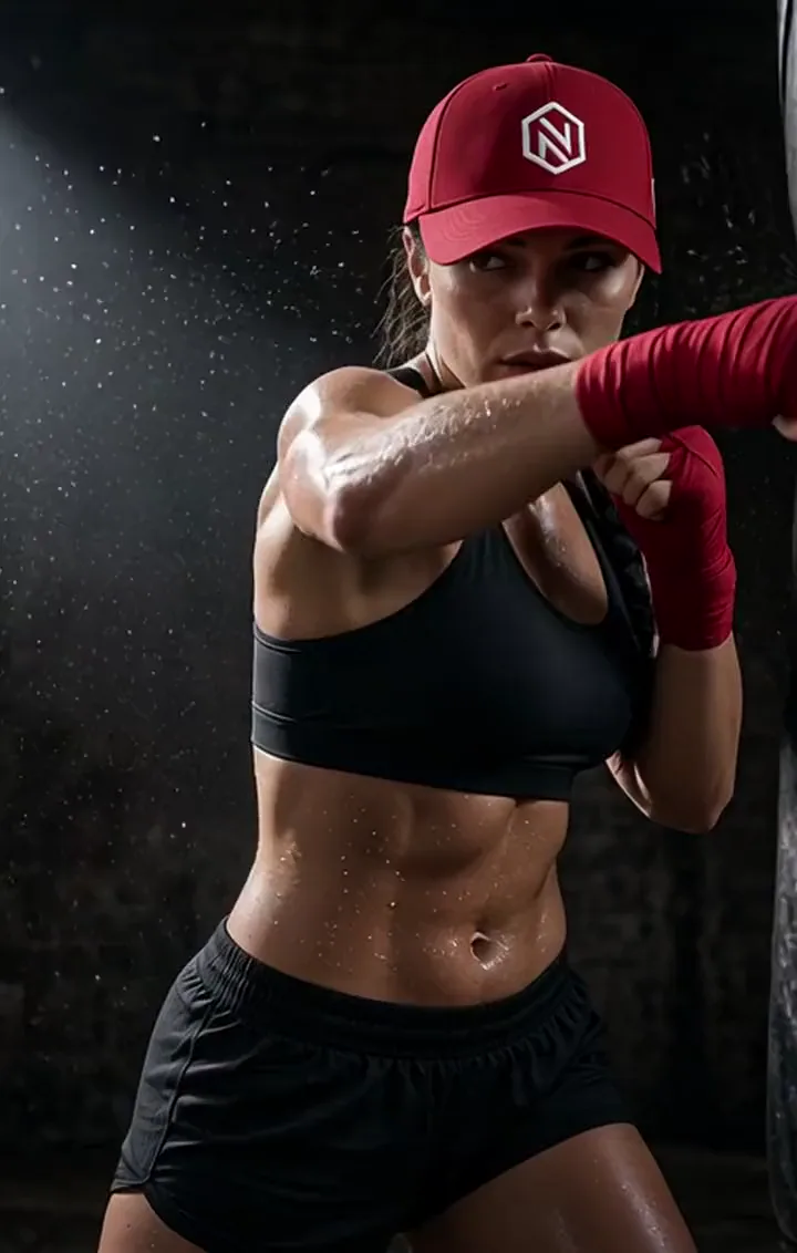 A boxer in a black training set and bright red NOGNS cap throwing jabs at a heavy bag under a shaft of light