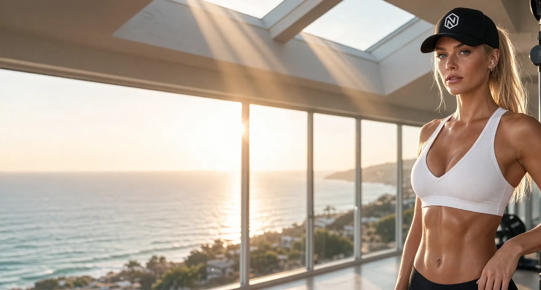 A fitness model in a black NOGNS cap in a skylit gym above the ocean
