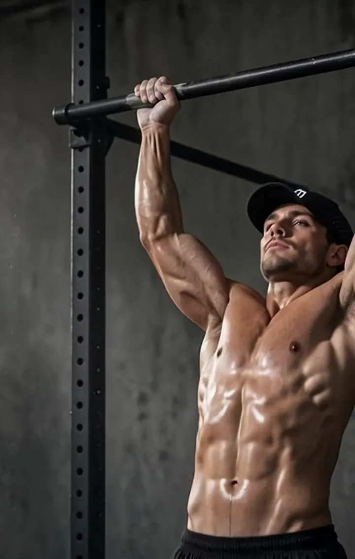 A man in a black NOGNS cap doing pull-ups in a concrete gym, window light and chalk dust