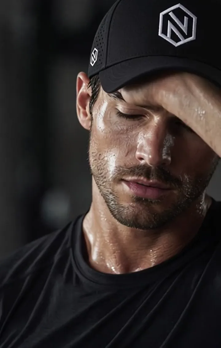 Close-up of an athlete in a black tee and black NOGNS cap with the white embroidered hex N