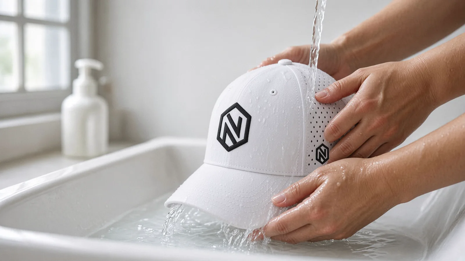 Hands rinsing a white NOGNS cap under a tap in a bright sink