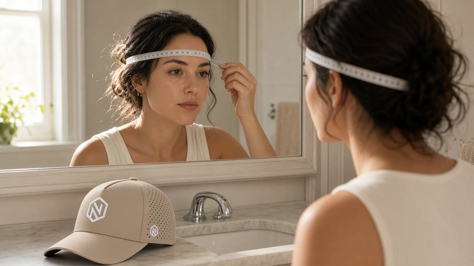 A woman measuring around her head with a soft tape in a bright bathroom, a sand NOGNS cap on the counter