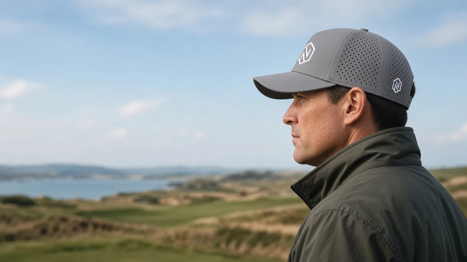 A man in a nardo grey NOGNS cap looking out over a coastal links course