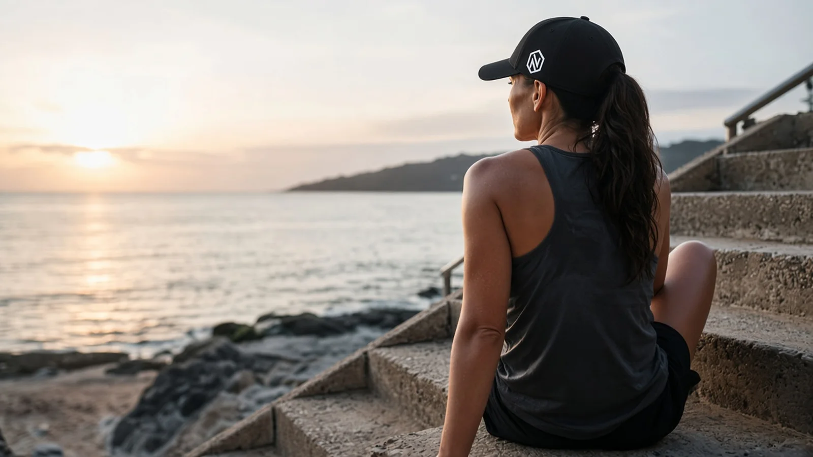 A woman in a black NOGNS cap sitting on seaside steps at sunset